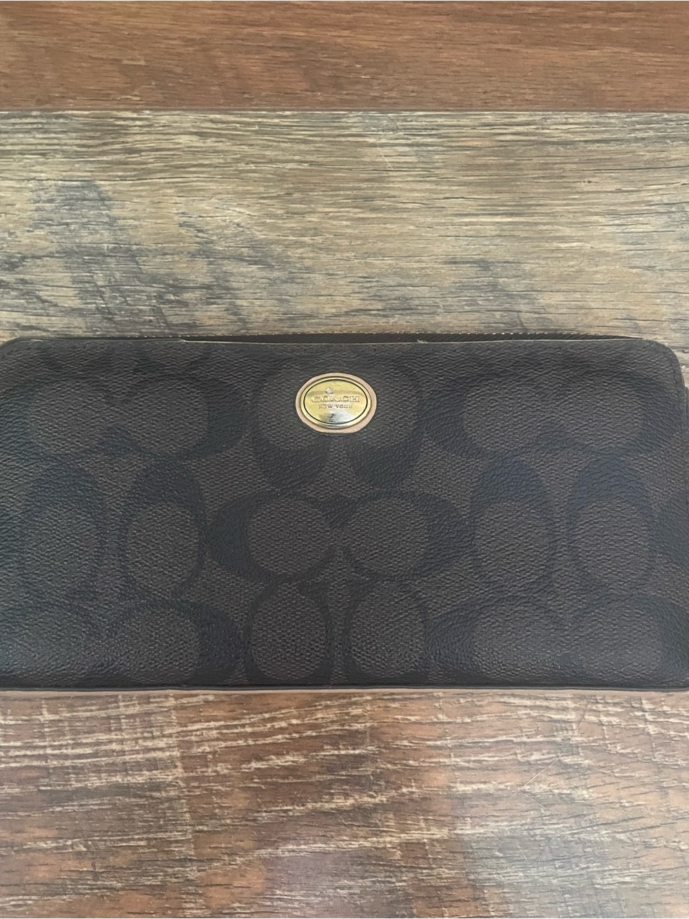 Coach Dark Brown Monogram Wallet with Gold Emblem